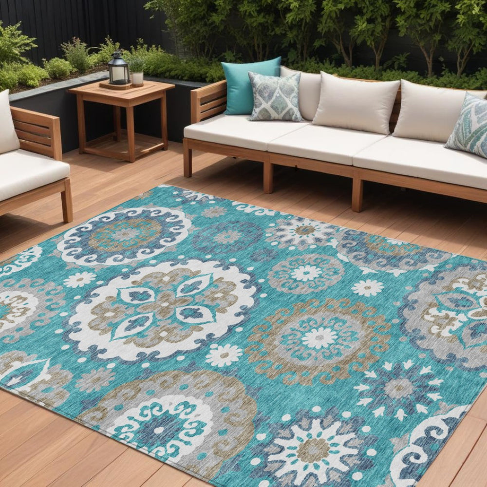 HomeRoots 9' Floral Medallion Area Rug in Teal, Blue, Taupe & Gray - Washable for Indoor & Outdoor Use 9' X 12' 585740