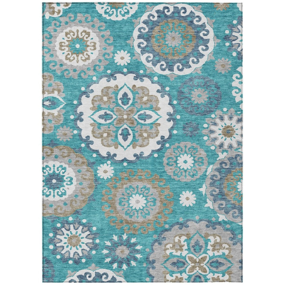 HomeRoots 9' Floral Medallion Area Rug in Teal, Blue, Taupe & Gray - Washable for Indoor & Outdoor Use 9' X 12' 585740