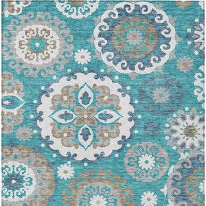 HomeRoots 9' Floral Medallion Area Rug in Teal, Blue, Taupe & Gray - Washable for Indoor & Outdoor Use 9' X 12' 585740