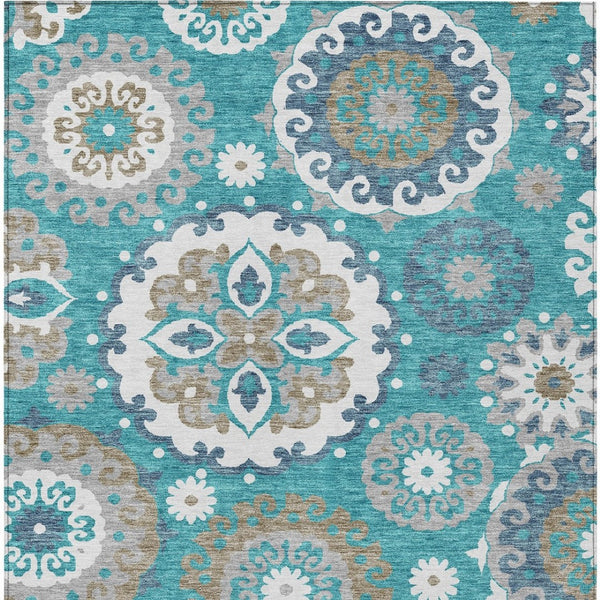 HomeRoots 9' Floral Medallion Area Rug in Teal, Blue, Taupe & Gray - Washable for Indoor & Outdoor Use 9' X 12' 585740