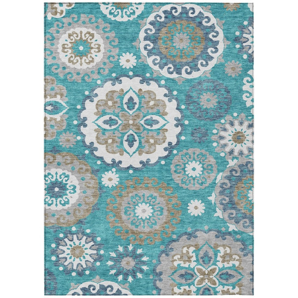 HomeRoots 5' Vibrant Floral Medallion Area Rug in Teal, Taupe, and Gray - Washable for Indoor/Outdoor Use 10' X 14' 585741