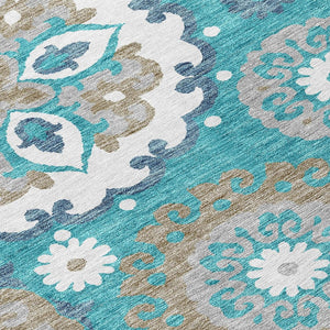 HomeRoots 5' Vibrant Floral Medallion Area Rug in Teal, Taupe, and Gray - Washable for Indoor/Outdoor Use 10' X 14' 585741