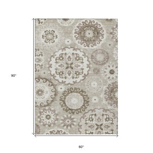 Homeroots 3' Beige Taupe And Brown Floral Medallion Rug - Washable Indoor Outdoor Area For Versatile Spaces 5' X 8' Polyester 585743