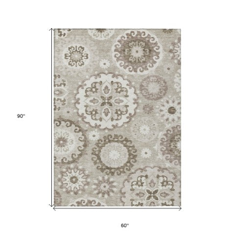 Homeroots 3' Beige Taupe And Brown Floral Medallion Rug - Washable Indoor Outdoor Area For Versatile Spaces 5' X 8' Polyester 585743