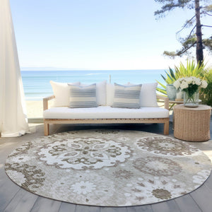 Homeroots 3' Beige Taupe And Brown Floral Medallion Rug - Washable Indoor Outdoor Area For Versatile Spaces 8' Round Polyester 585744
