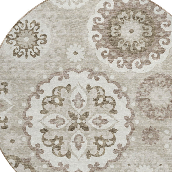 Homeroots 3' Beige Taupe And Brown Floral Medallion Rug - Washable Indoor Outdoor Area For Versatile Spaces 8' Round Polyester 585744