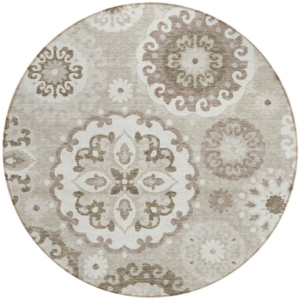 Homeroots 3' Beige Taupe And Brown Floral Medallion Rug - Washable Indoor Outdoor Area For Versatile Spaces 8' Round Polyester 585744