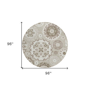 Homeroots 3' Beige Taupe And Brown Floral Medallion Rug - Washable Indoor Outdoor Area For Versatile Spaces 8' Round Polyester 585744