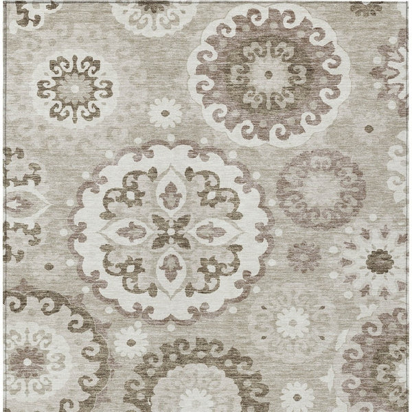 Homeroots 3' Beige Taupe And Brown Floral Medallion Rug - Washable Indoor Outdoor Area For Versatile Spaces 8' X 10' Polyester 585745