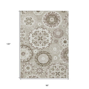 Homeroots 3' Beige Taupe And Brown Floral Medallion Rug - Washable Indoor Outdoor Area For Versatile Spaces 8' X 10' Polyester 585745