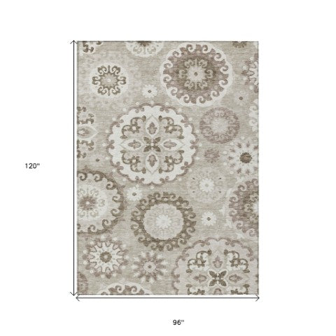 Homeroots 3' Beige Taupe And Brown Floral Medallion Rug - Washable Indoor Outdoor Area For Versatile Spaces 8' X 10' Polyester 585745