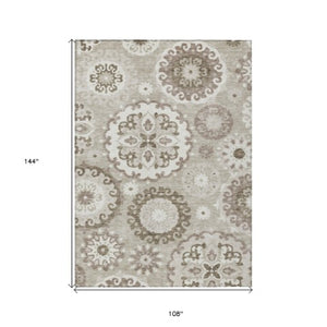 Homeroots 3' Beige Taupe And Brown Floral Medallion Rug - Washable Indoor Outdoor Area For Versatile Spaces 9' X 12' Polyester 585746