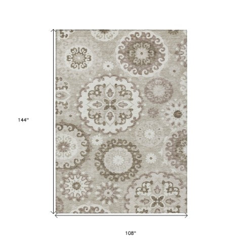 Homeroots 3' Beige Taupe And Brown Floral Medallion Rug - Washable Indoor Outdoor Area For Versatile Spaces 9' X 12' Polyester 585746