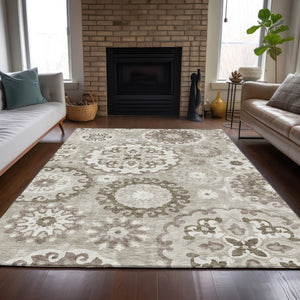 Homeroots 3' Beige Taupe And Brown Floral Medallion Rug - Washable Indoor Outdoor Area For Versatile Spaces 9' X 12' Polyester 585746