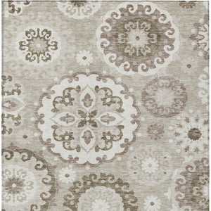 Homeroots 3' Beige Taupe And Brown Floral Medallion Rug - Washable Indoor Outdoor Area For Versatile Spaces 10' X 14' Polyester 585747