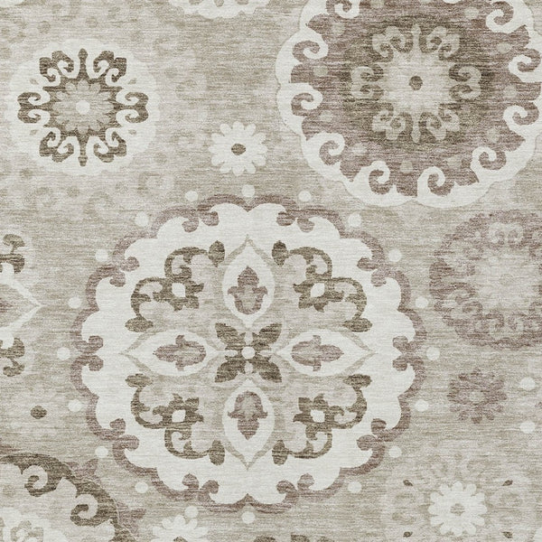 Homeroots 3' Beige Taupe And Brown Floral Medallion Rug - Washable Indoor Outdoor Area For Versatile Spaces 10' X 14' Polyester 585747