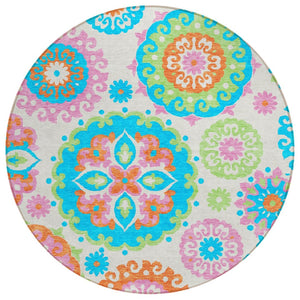 HomeRoots 5' Floral Medallion Area Rug in White, Orange & Teal Blue - Durable, Washable for Indoor/Outdoor Use 8' Round 585750