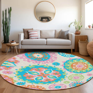 Homeroots 3' Beige Taupe And Brown Floral Medallion Rug - Washable Indoor Outdoor Area For Versatile Spaces 8' Round Polyester 585750