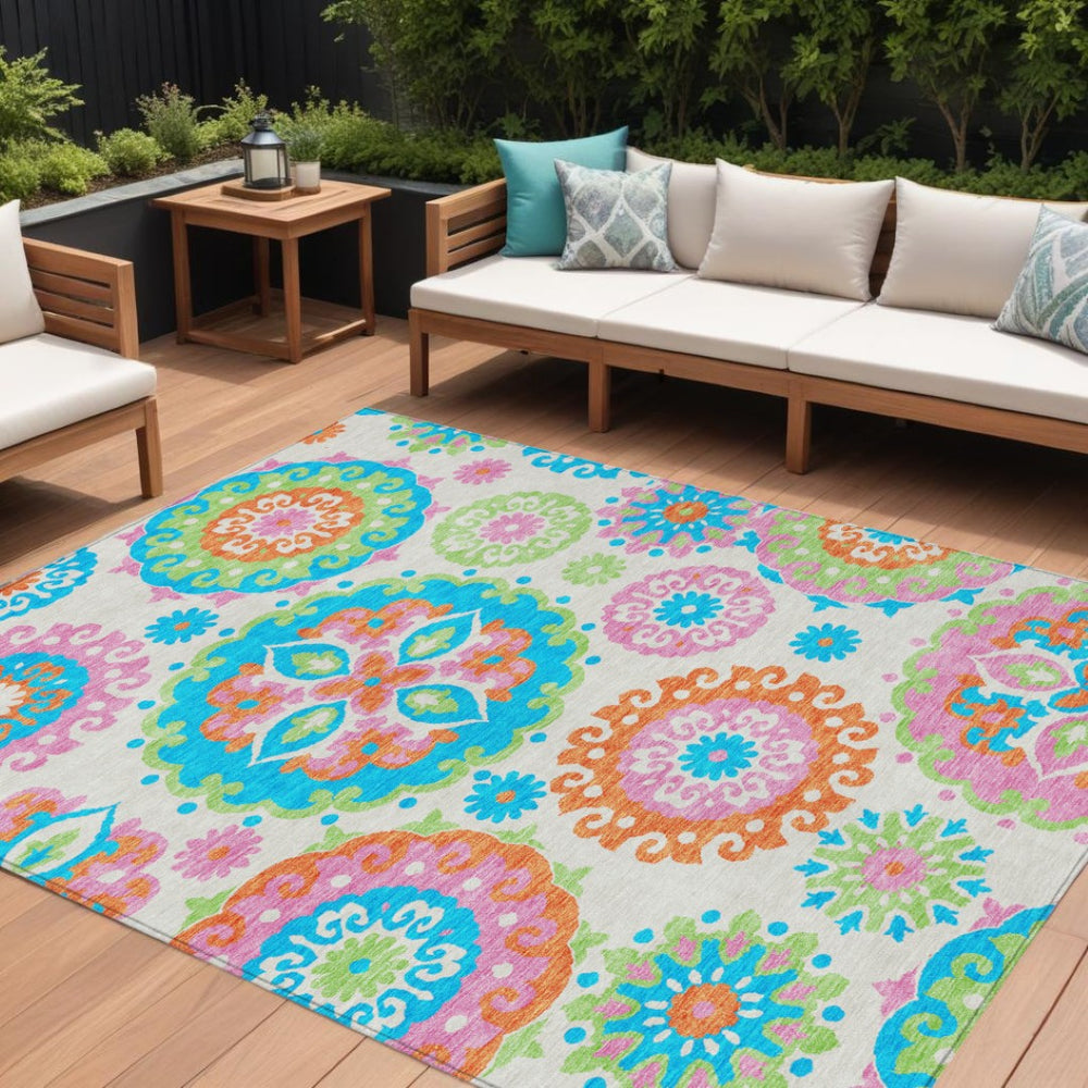 HomeRoots 5' Floral Medallion Area Rug in White, Orange & Teal Blue - Durable, Washable for Indoor/Outdoor Use 8' X 10' 585751