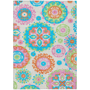 HomeRoots 5' Floral Medallion Area Rug in White, Orange & Teal Blue - Durable, Washable for Indoor/Outdoor Use 8' X 10' 585751