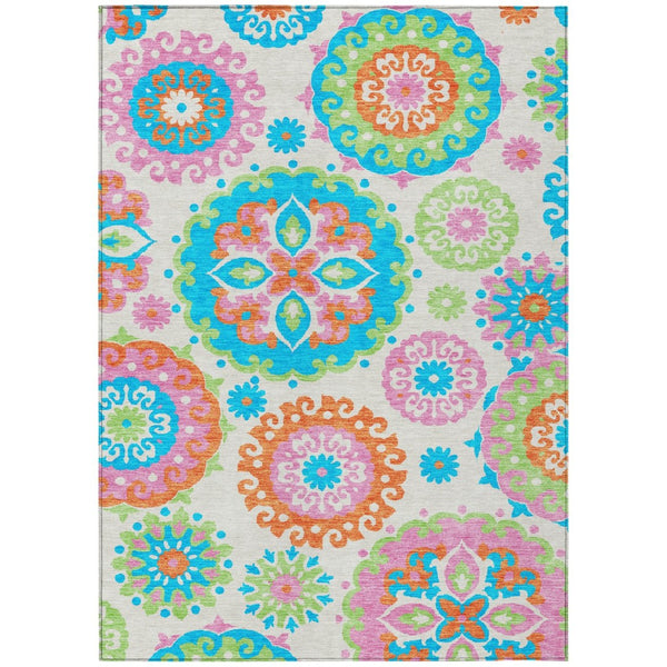 HomeRoots 5' Floral Medallion Area Rug in White, Orange & Teal Blue - Durable, Washable for Indoor/Outdoor Use 10' X 14' 585753
