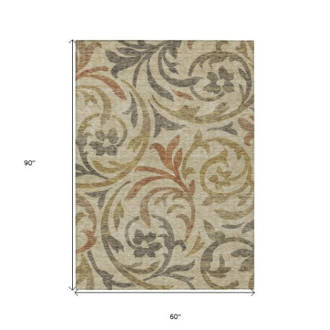 Homeroots 3' Beige Taupe And Copper Floral Area Rug - Durable, Washable Design For Indoor And Outdoor Spaces 5' X 8' Polyester 585755