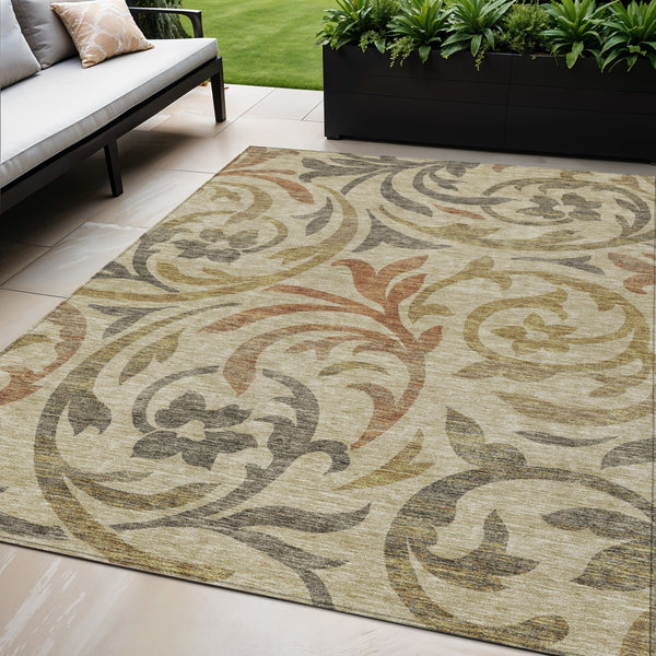 Homeroots 3' Beige Taupe And Copper Floral Area Rug - Durable, Washable Design For Indoor And Outdoor Spaces 5' X 8' Polyester 585755