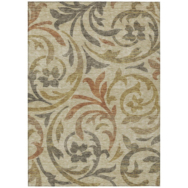 HomeRoots 5' Elegant Beige, Taupe & Copper Floral Area Rug - Versatile Indoor/Outdoor, Machine Washable Charm 5' X 8' 585755