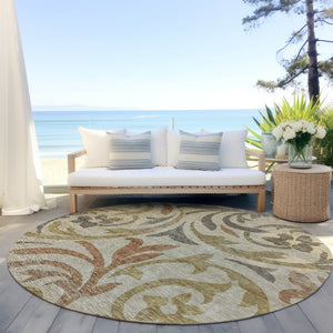 Homeroots 3' Beige Taupe And Copper Floral Area Rug - Durable, Washable Design For Indoor And Outdoor Spaces 8' Round Polyester 585756
