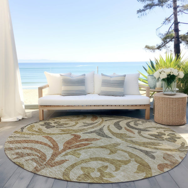 Homeroots 3' Beige Taupe And Copper Floral Area Rug - Durable, Washable Design For Indoor And Outdoor Spaces 8' Round Polyester 585756