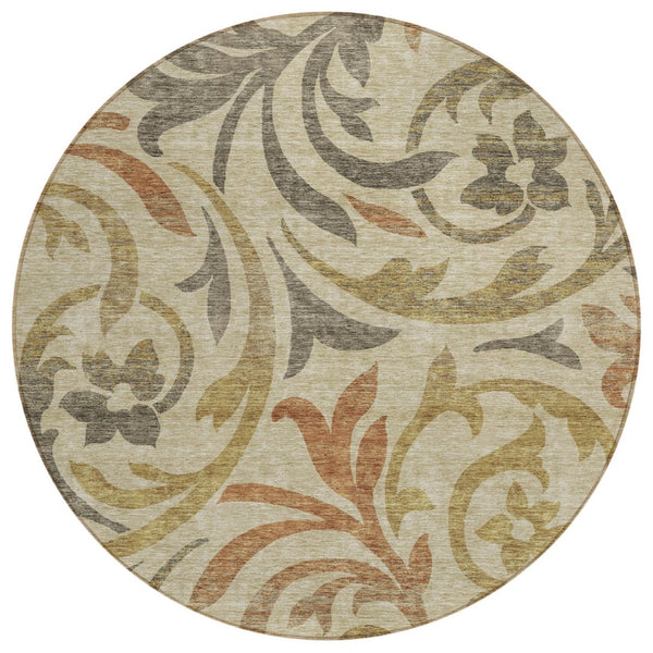 HomeRoots 5' Elegant Beige, Taupe & Copper Floral Area Rug - Versatile Indoor/Outdoor, Machine Washable Charm 8' Round 585756