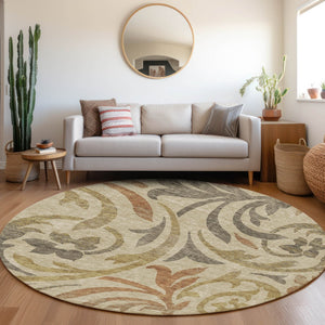 Homeroots 3' Beige Taupe And Copper Floral Area Rug - Durable, Washable Design For Indoor And Outdoor Spaces 8' Round Polyester 585756