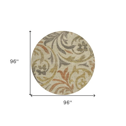 Homeroots 3' Beige Taupe And Copper Floral Area Rug - Durable, Washable Design For Indoor And Outdoor Spaces 8' Round Polyester 585756