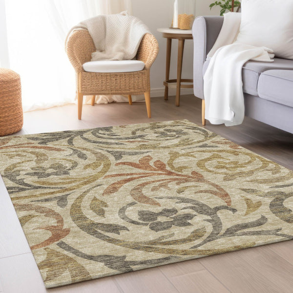 Homeroots 3' Beige Taupe And Copper Floral Area Rug - Durable, Washable Design For Indoor And Outdoor Spaces 8' X 10' Polyester 585757