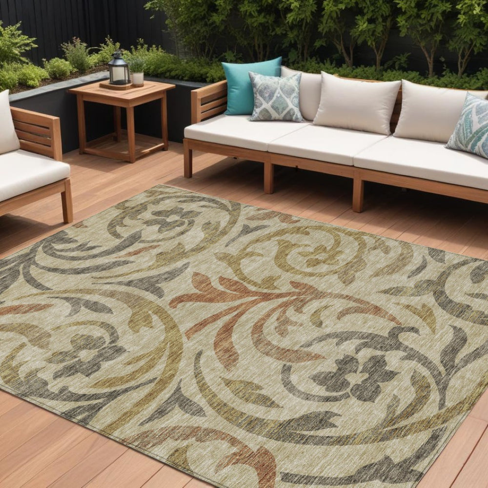 HomeRoots 9' Durable Floral Area Rug in Beige Taupe & Copper – Washable for Indoor/Outdoor Elegance & Style 9' X 12' 585758