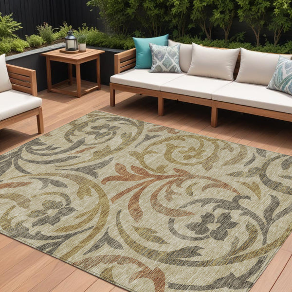 Homeroots 3' Beige Taupe And Copper Floral Area Rug - Durable, Washable Design For Indoor And Outdoor Spaces 9' X 12' Polyester 585758
