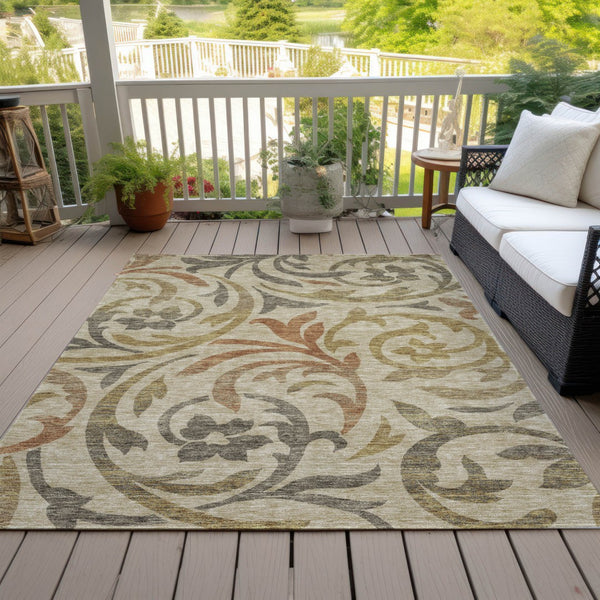 Homeroots 3' Beige Taupe And Copper Floral Area Rug - Durable, Washable Design For Indoor And Outdoor Spaces 10' X 14' Polyester 585759