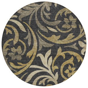 HomeRoots 5' Elegant Black Taupe Gold Floral Washable Rug - Durable Indoor Outdoor Design for Any Space 8' Round 585762