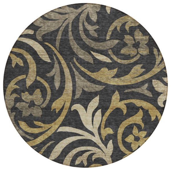 HomeRoots 5' Elegant Black Taupe Gold Floral Washable Rug - Durable Indoor Outdoor Design for Any Space 8' Round 585762