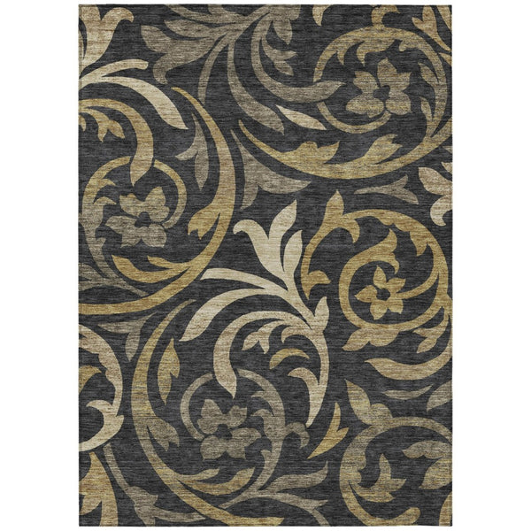 HomeRoots 9' Elegant Floral Area Rug in Black, Taupe & Gold - Durable, Washable, Perfect for Indoor & Outdoor Spaces 9' X 12' 585764