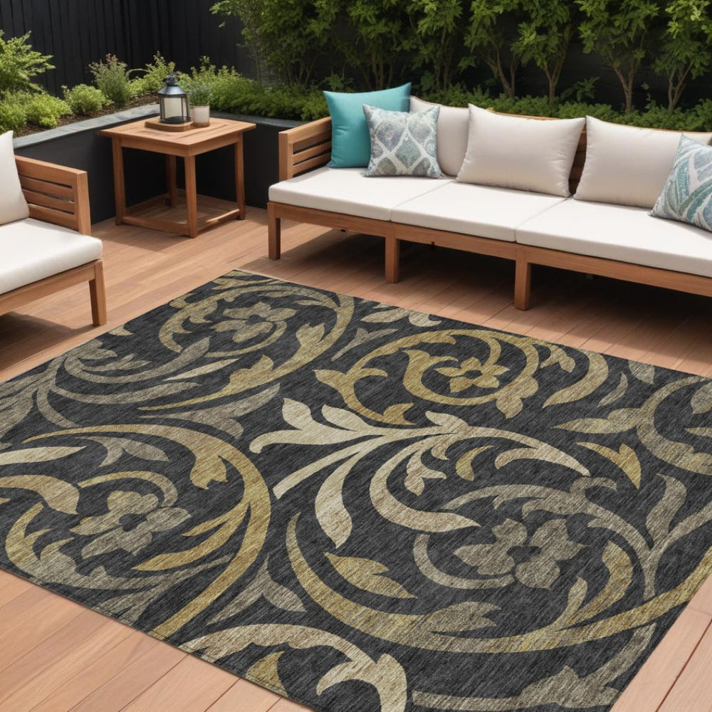 HomeRoots 5' Elegant Black Taupe Gold Floral Washable Rug - Durable Indoor Outdoor Design for Any Space 10' X 14' 585765