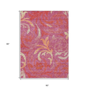 Homeroots 3' Beige Taupe And Copper Floral Area Rug - Durable, Washable Design For Indoor And Outdoor Spaces 5' X 8' Polyester 585767