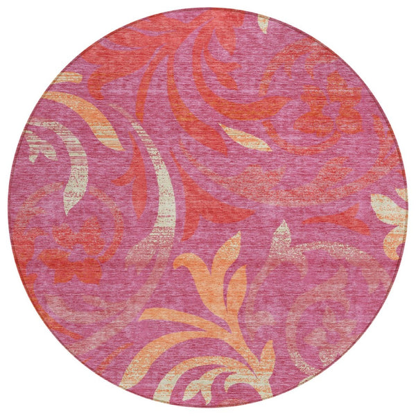 HomeRoots 5' Vibrant Blush Orange and Ivory Floral Indoor Outdoor Area Rug - Machine Washable and Durable 8' Round 585768