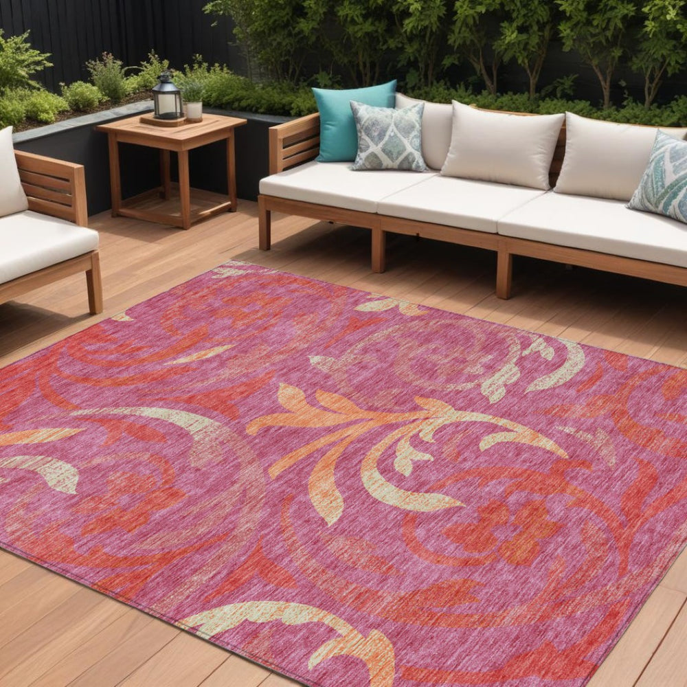 HomeRoots 9' Floral Washable Area Rug - Blush Orange and Ivory Design for Indoor & Outdoor Spaces, Easy Care 9' X 12' 585770