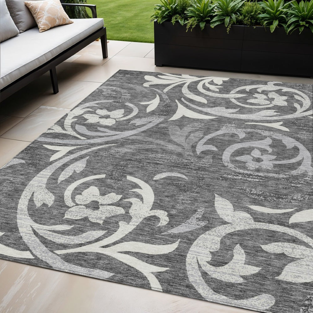 HomeRoots 5' Charcoal Silver Gray Floral Area Rug - Washable, Durable, Versatile for Indoor & Outdoor Spaces 5' X 8' 585773