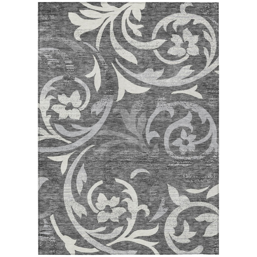 HomeRoots 5' Charcoal Silver Gray Floral Area Rug - Washable, Durable, Versatile for Indoor & Outdoor Spaces 5' X 8' 585773