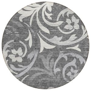 HomeRoots 5' Charcoal Silver Gray Floral Area Rug - Washable, Durable, Versatile for Indoor & Outdoor Spaces 8' Round 585774