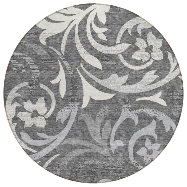 HomeRoots 5' Charcoal Silver Gray Floral Area Rug - Washable, Durable, Versatile for Indoor & Outdoor Spaces 8' Round 585774