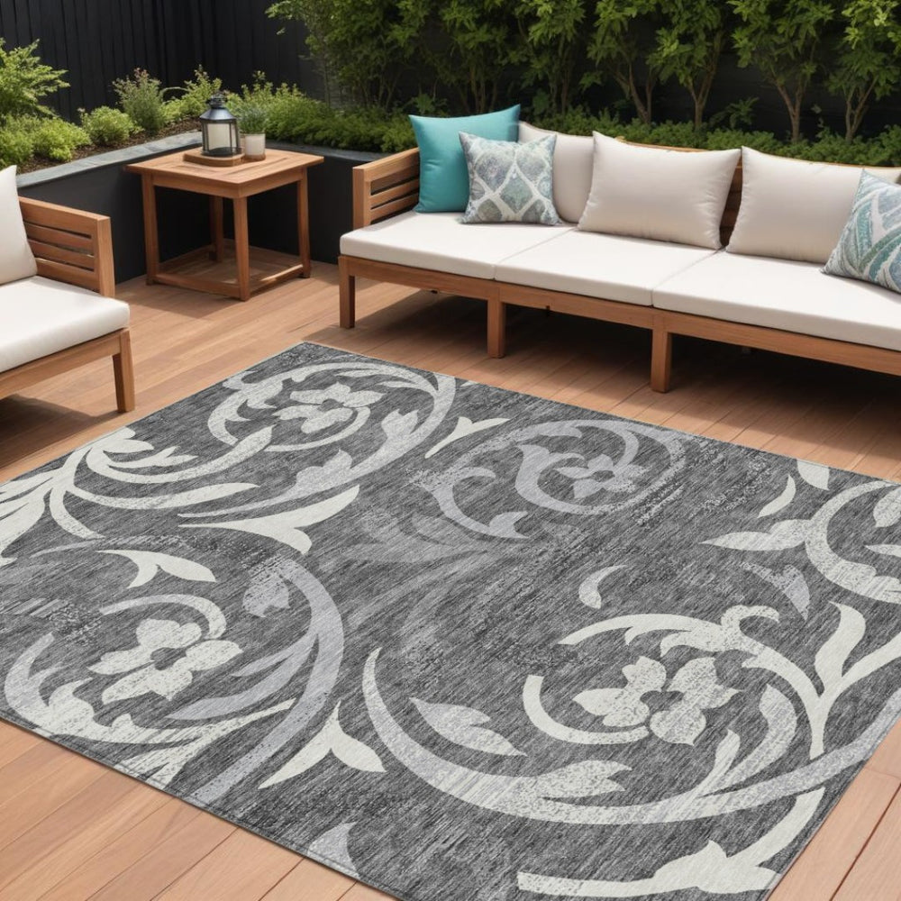 HomeRoots 9' Charcoal Floral Area Rug - Stylish & Durable Indoor/Outdoor Design, Machine Washable, Kid & Pet Friendly 9' X 12' 585776
