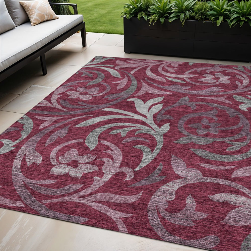 HomeRoots 5' Elegant Red Gray and Silver Floral Area Rug for Indoor Outdoor Use - Stain Resistant & Washable 5' X 8' 585779